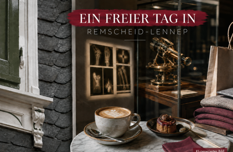 Symbolisches Titelbild mit bergischer Schieferfassade, Museumsexponat, Café und Mode für einen freien Tag in Remscheid-Lennep