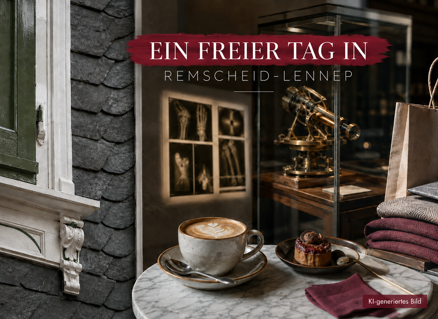 Symbolisches Titelbild mit bergischer Schieferfassade, Museumsexponat, Café und Mode für einen freien Tag in Remscheid-Lennep