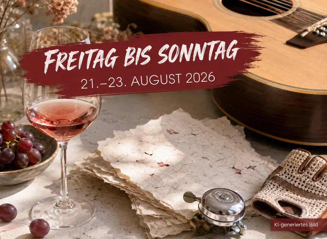 Weinglas, Akustikgitarre, handgeschöpftes Papier und Fahrradklingel als Symbolbild der Wochenendtipps vom 21. bis 23. August 2026